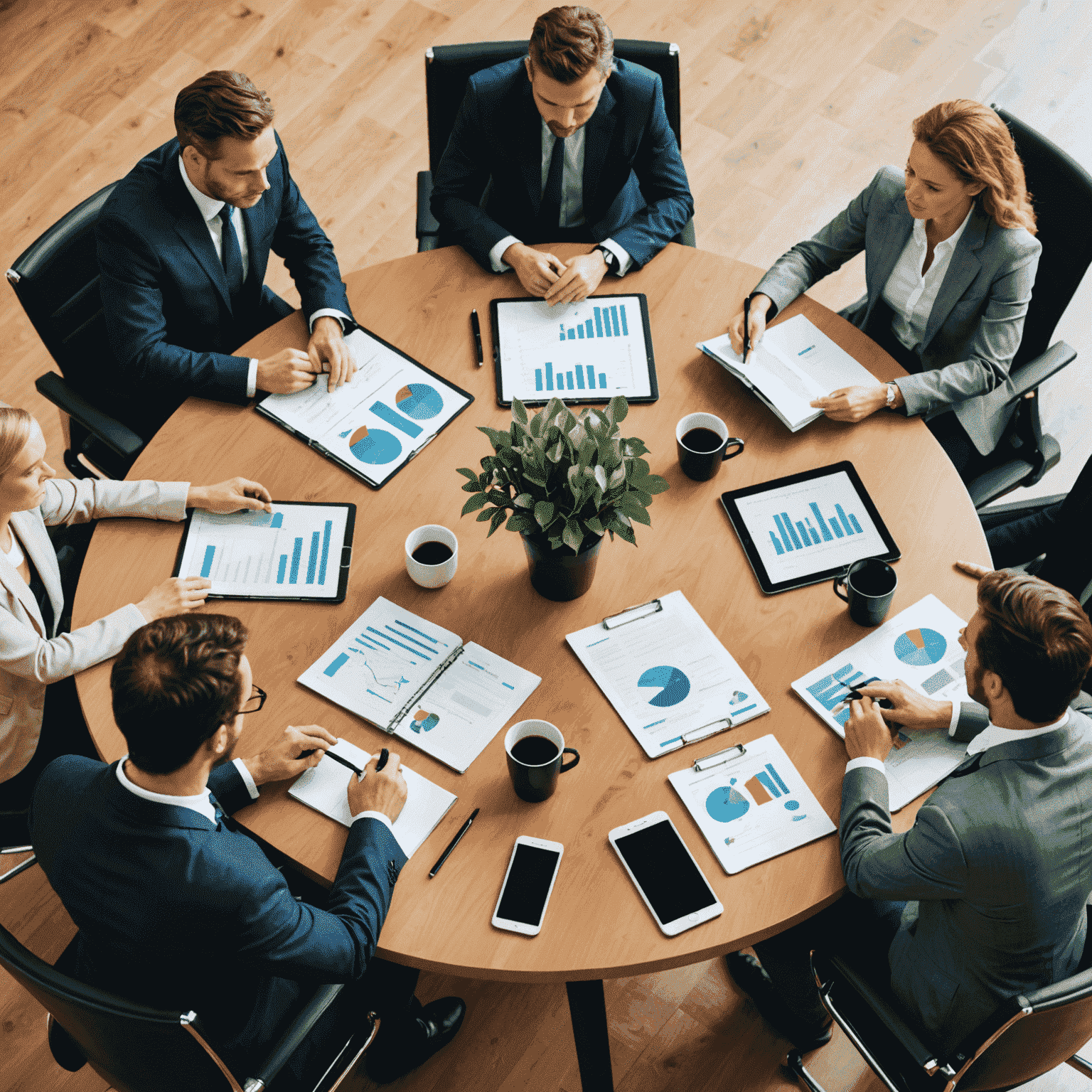 A group of business professionals discussing sustainable business practices around a conference table