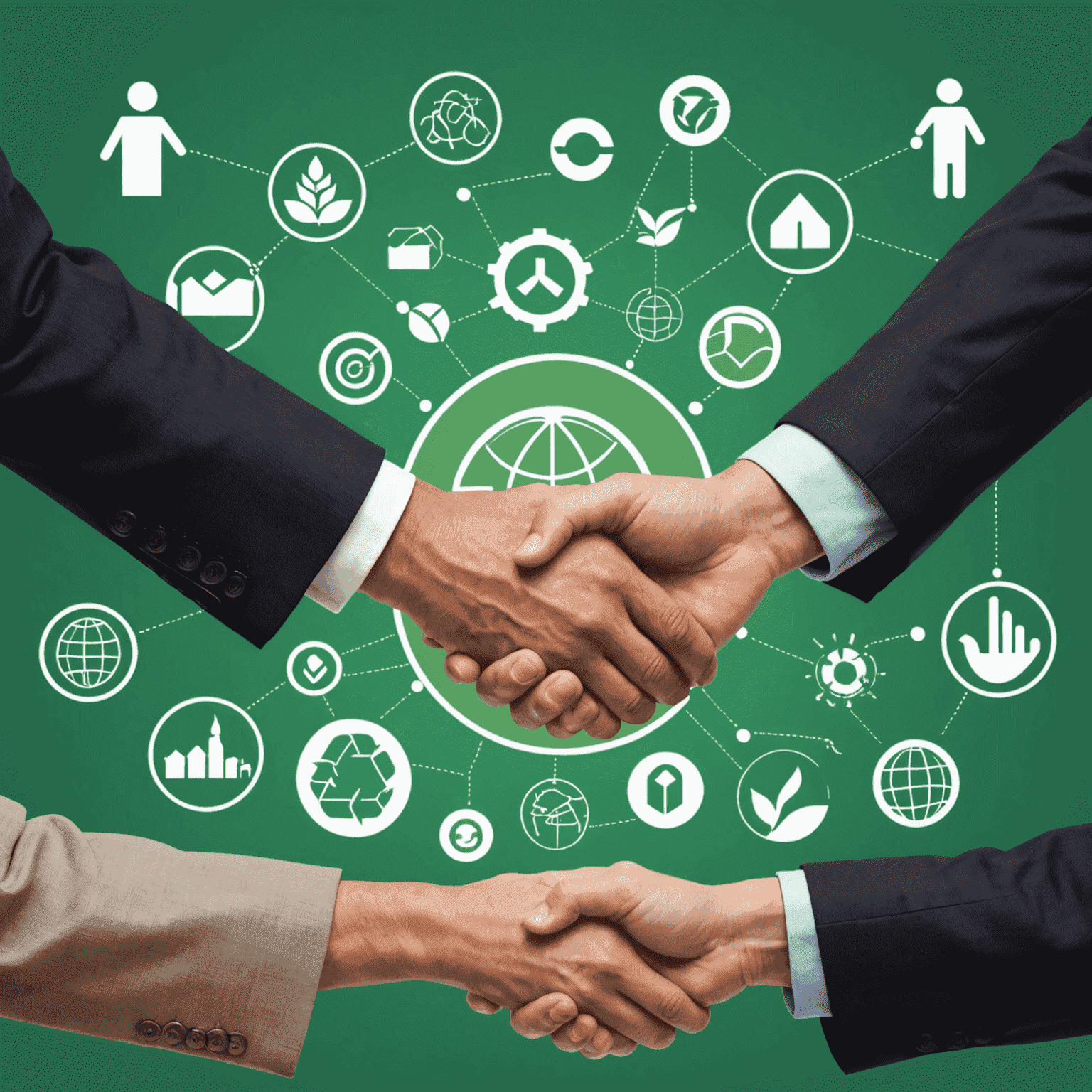 Businesspeople shaking hands in front of a green background with sustainability icons