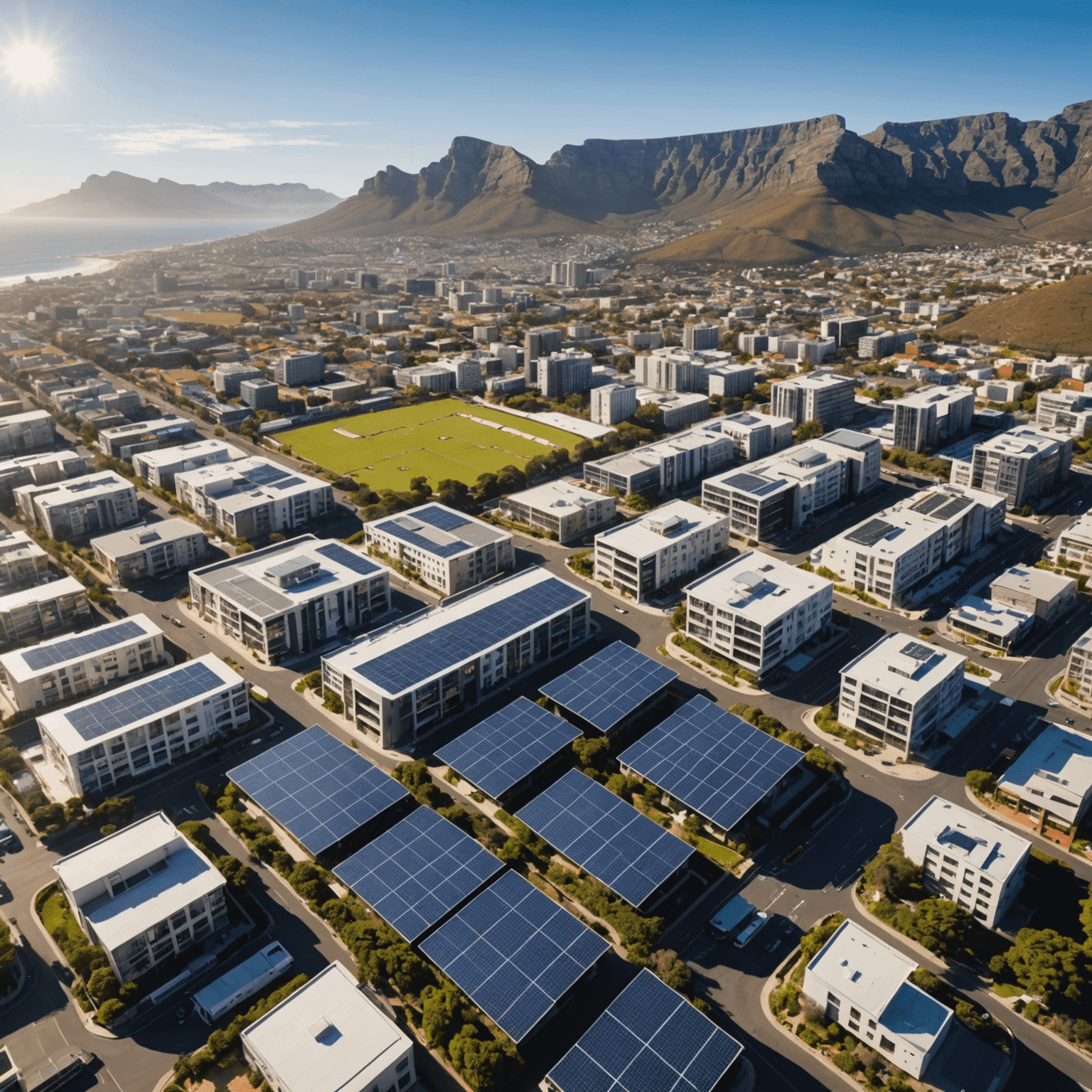 Aerial view of Cape Town, South Africa with modern sustainable buildings and solar panels