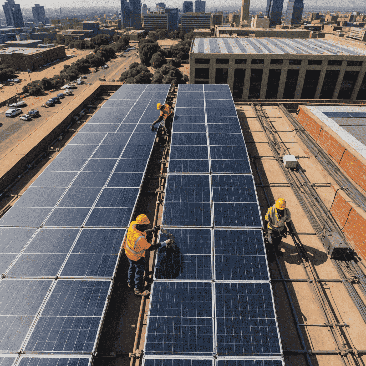 Workers installing solar panels on the roof of a large commercial building in Johannesburg