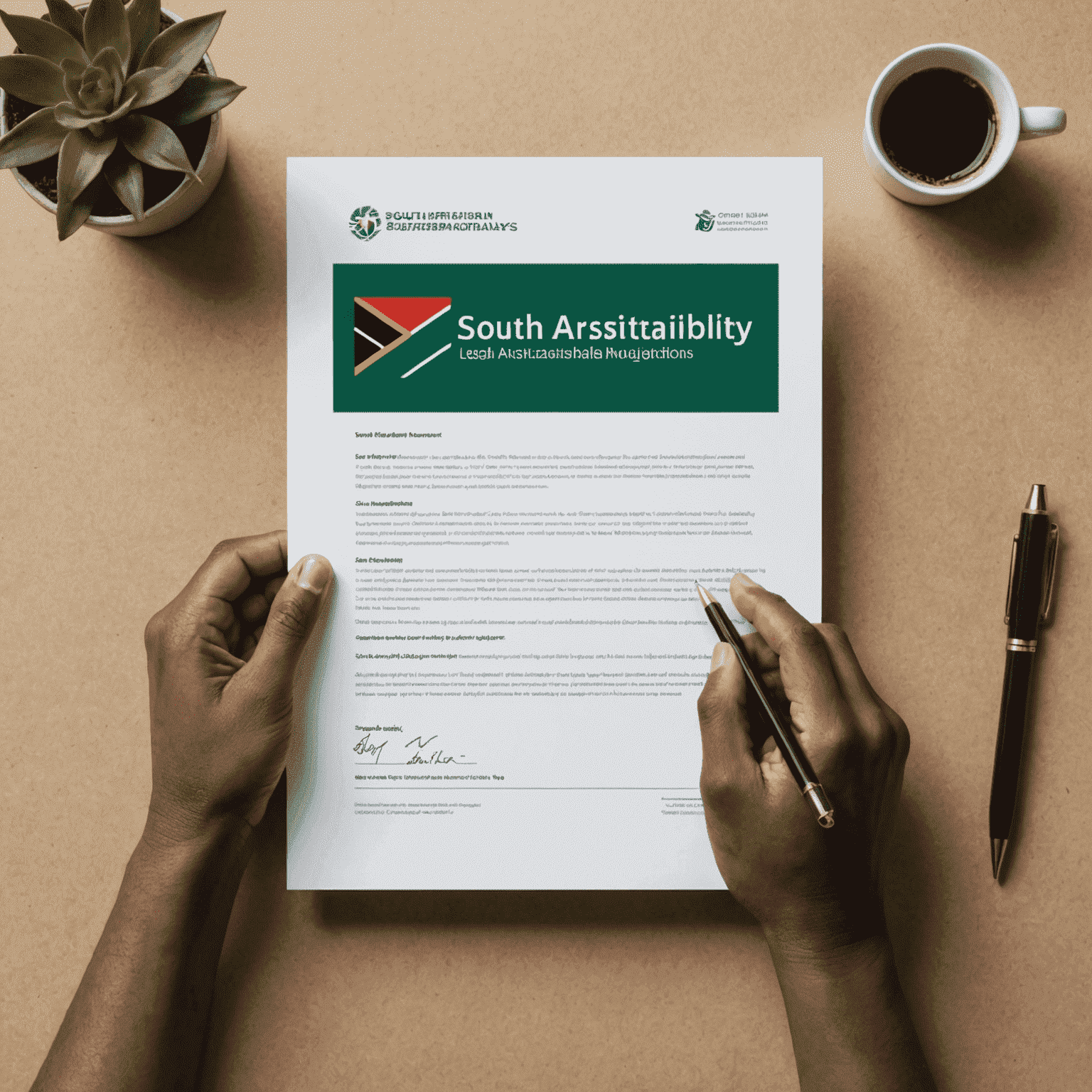 A person's hands holding a legal document titled 'South African Sustainability Regulations'