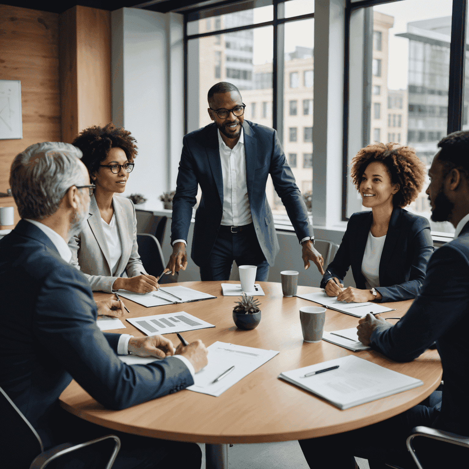 A diverse group of business leaders discussing sustainability strategies at a conference table