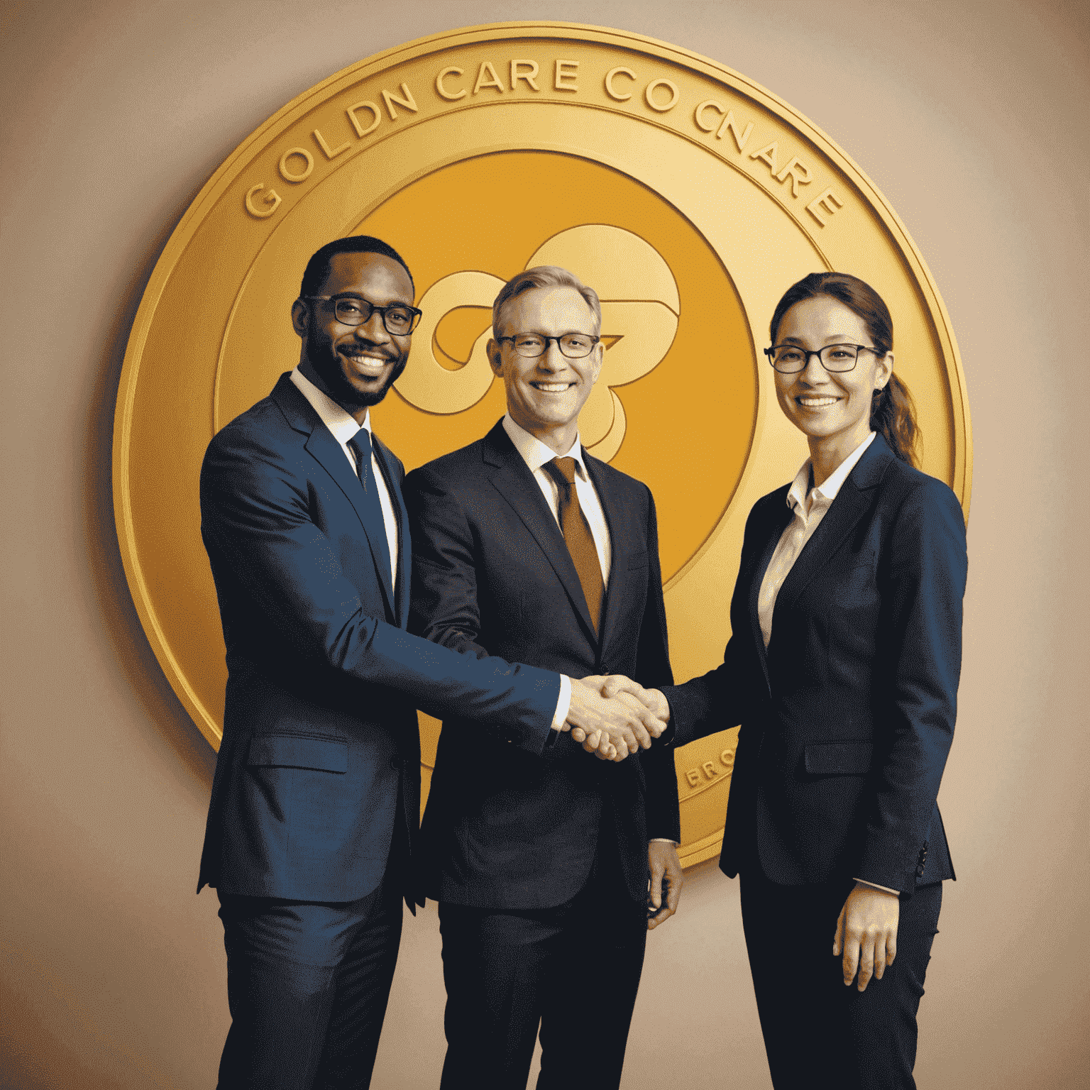 Two business people shaking hands in front of a GoldenCoin Care logo, symbolizing a partnership