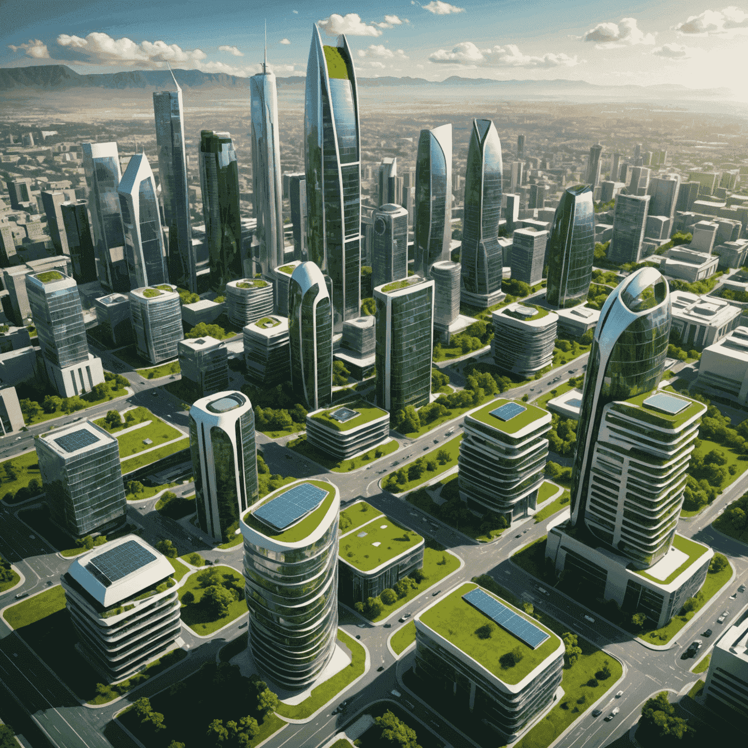 A futuristic cityscape with green buildings and renewable energy sources, representing the future of sustainable business in South Africa